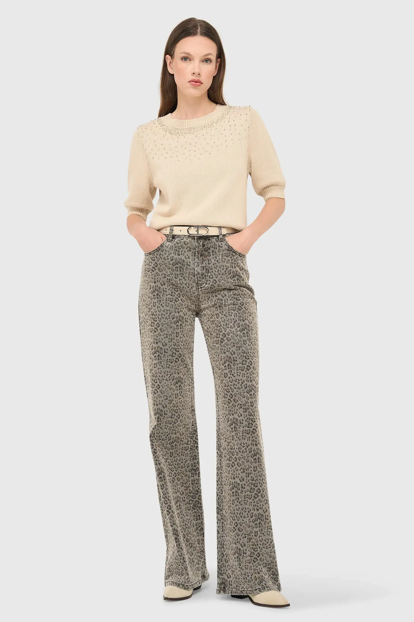 Beige Katoenen Dames Truitje Met Steentjes Barret