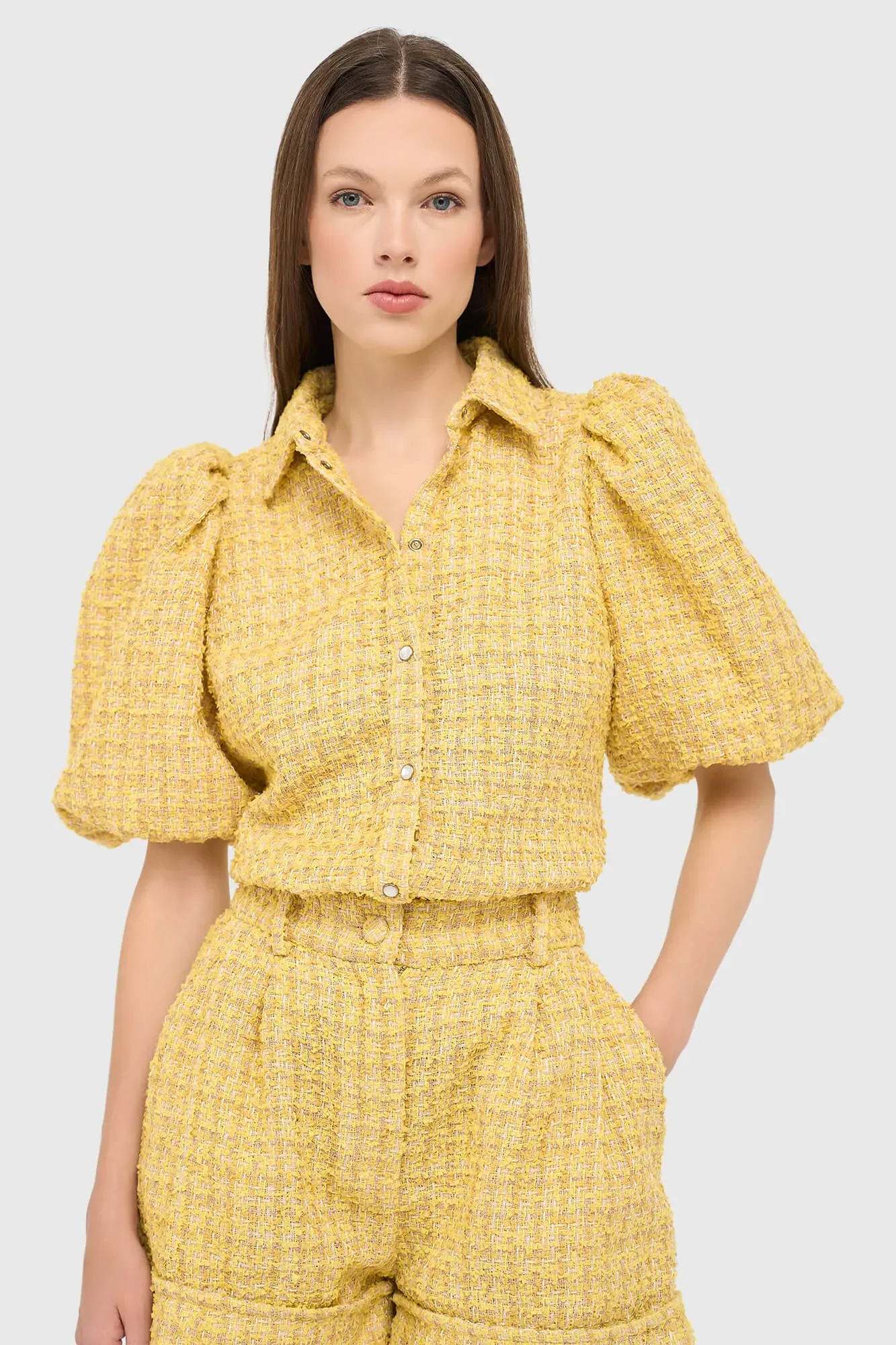 Blouse Dames Pof Mouw Tweed Lars Geel
