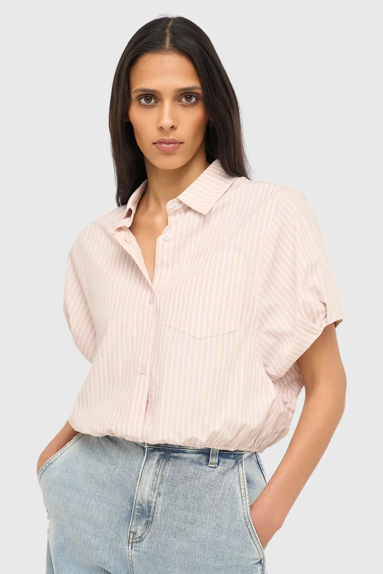 Katoenen Dames Blouse Korte Mouw Gestreept Cross Beige
